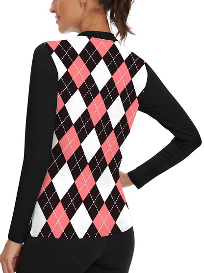 Black and Pink Checkboard Quarter-Zip Long-sleeve Golf Polo for Women