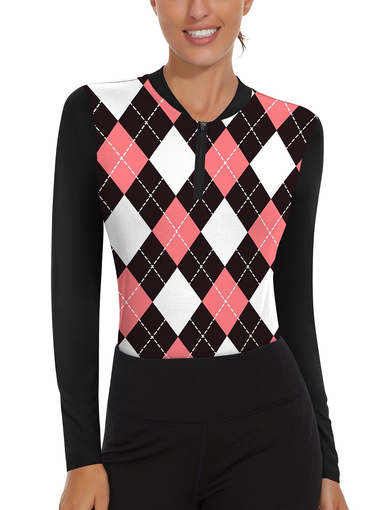 Black and Pink Checkboard Quarter-Zip Long-sleeve Golf Polo for Women