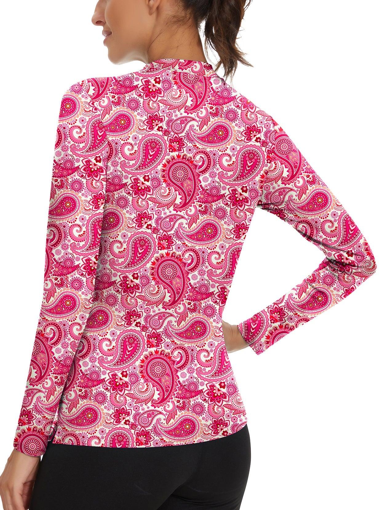 Pink Paisley Quarter-Zip Long-sleeve Golf Polo Shirt for Women