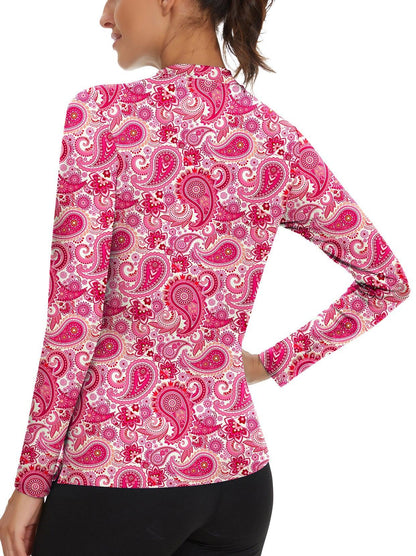 Pink Paisley Quarter-Zip Long-sleeve Golf Polo Shirt for Women