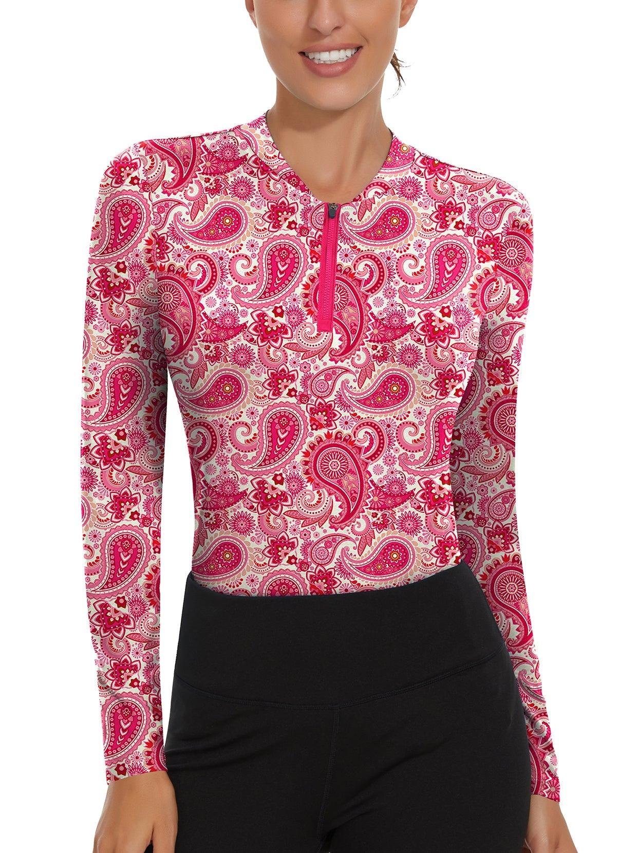 Pink Paisley Quarter-Zip Long-sleeve Golf Polo Shirt for Women