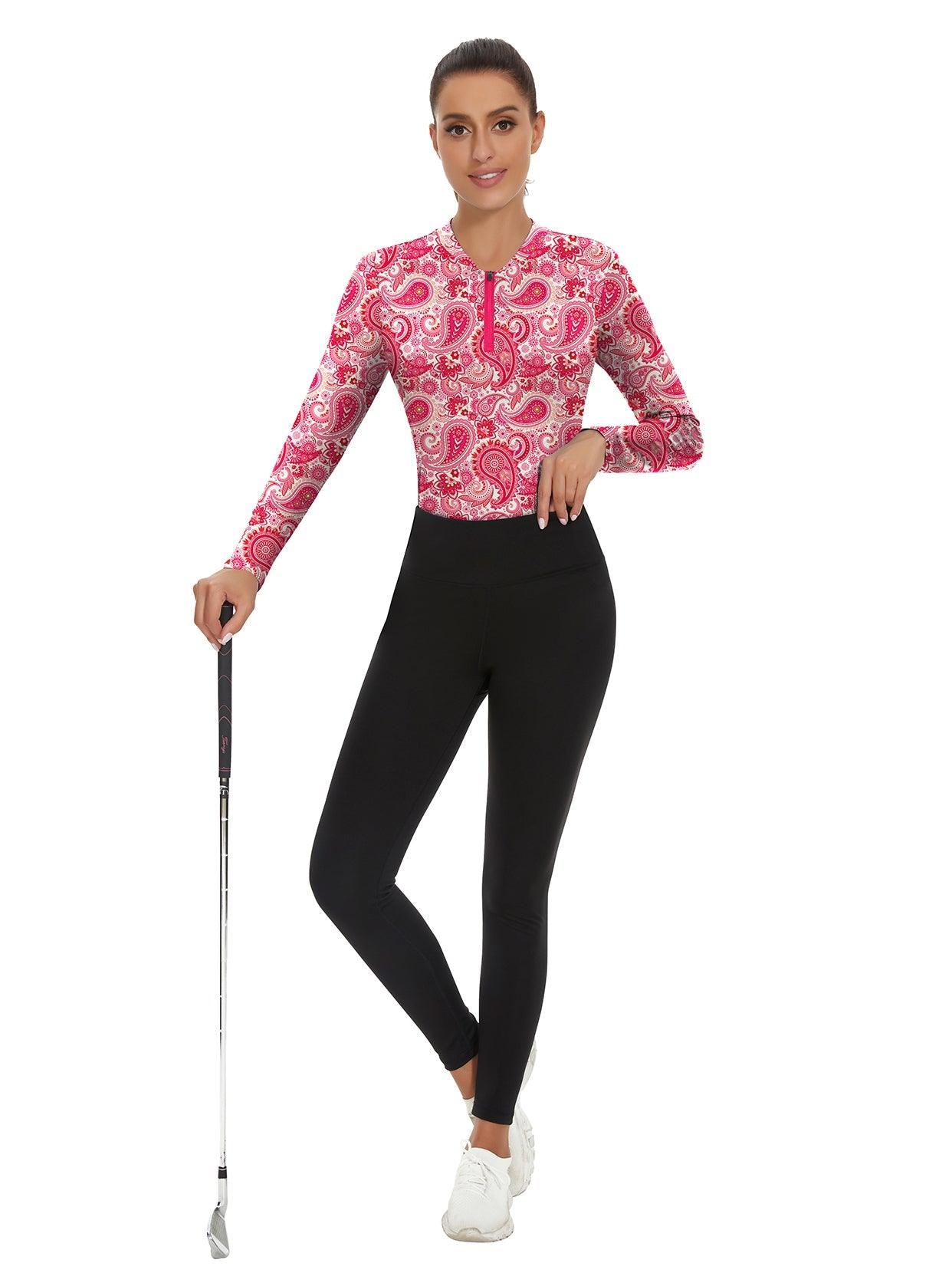 Pink Paisley Quarter-Zip Long-sleeve Golf Polo Shirt for Women