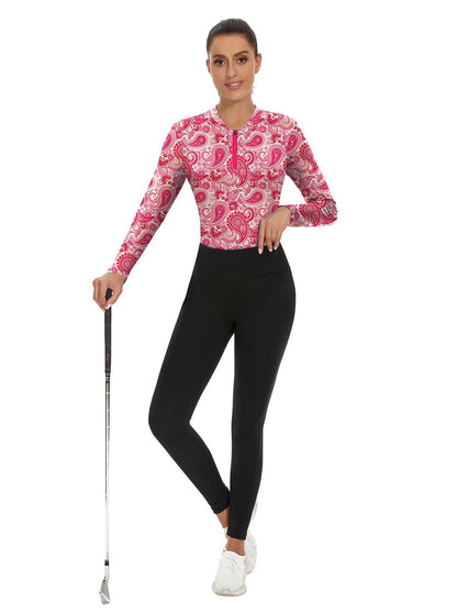 Pink Paisley Quarter-Zip Long-sleeve Golf Polo Shirt for Women