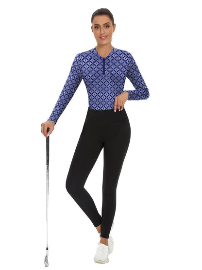 Blue Retro Pattern Quarter-Zip Long-sleeve Golf Polo Shirt for Women