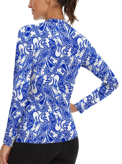 Blue Paisley Quarter-Zip Long-sleeve Golf Polo for Women