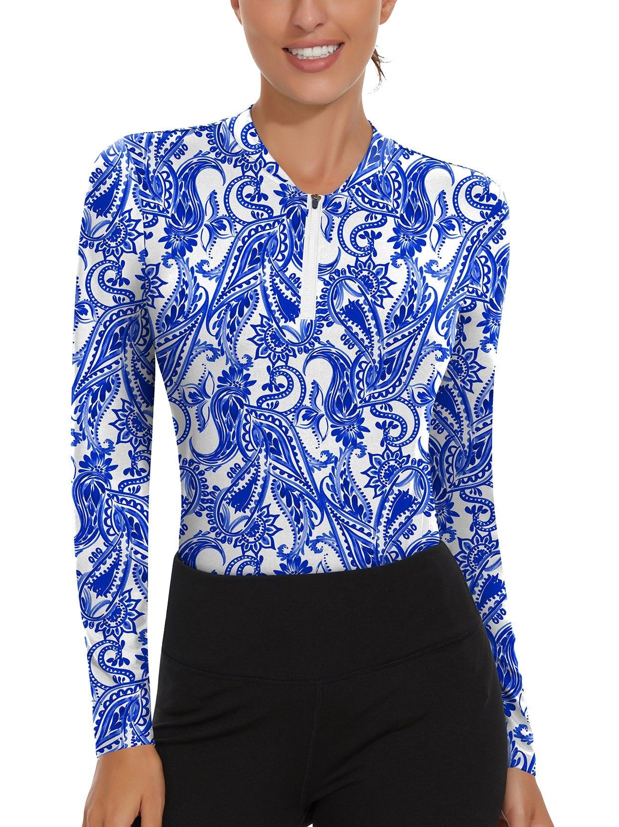 Blue Paisley Quarter-Zip Long-sleeve Golf Polo for Women