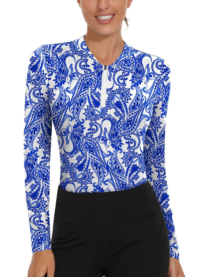 Blue Paisley Quarter-Zip Long-sleeve Golf Polo for Women