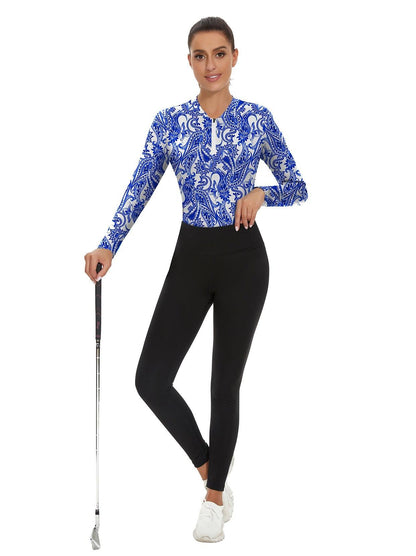 Blue Paisley Quarter-Zip Long-sleeve Golf Polo for Women