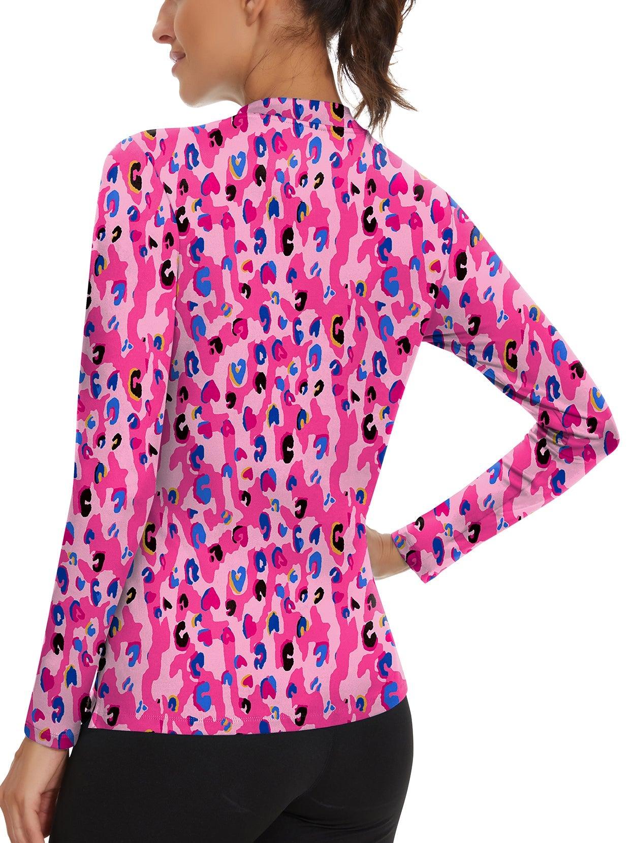 Colorful Leopard Quarter-Zip Long-sleeve Golf Polo Shirt for Women