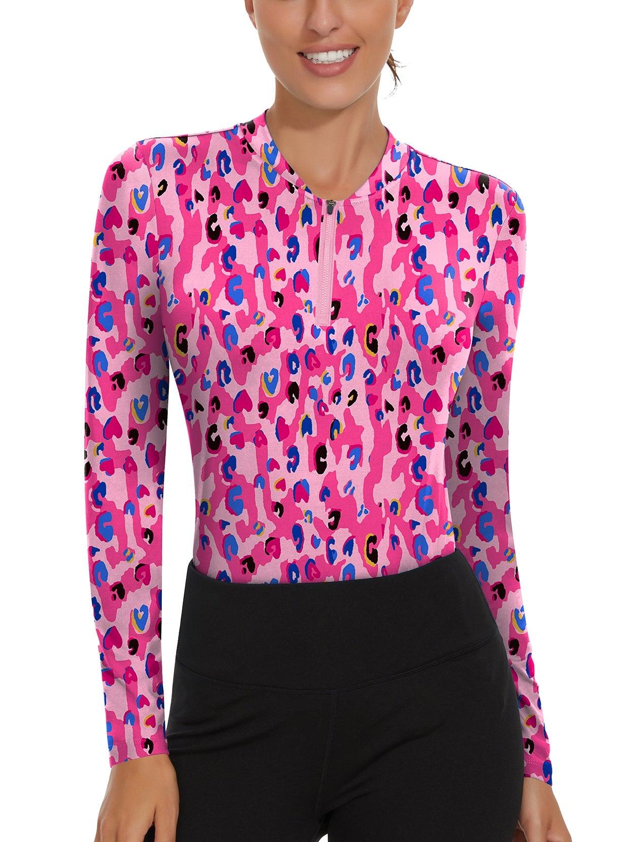 Colorful Leopard Quarter-Zip Long-sleeve Golf Polo Shirt for Women