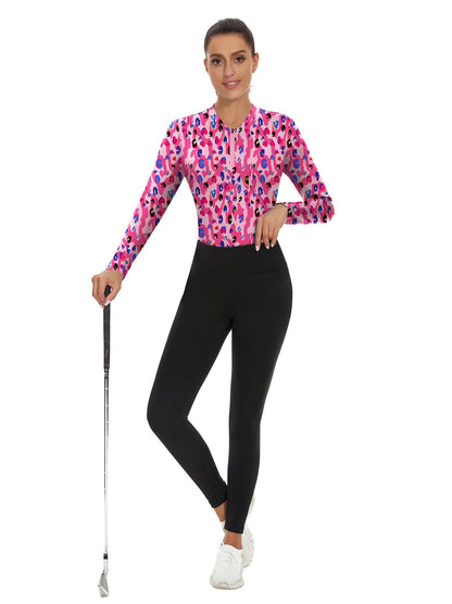 Colorful Leopard Quarter-Zip Long-sleeve Golf Polo Shirt for Women