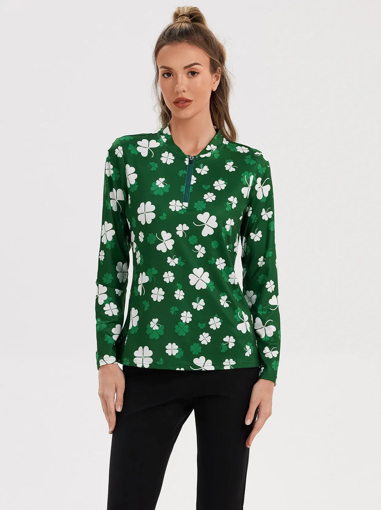 White Shamrock Quarter-Zip Long-sleeve Shirt for Women