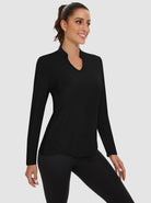 Solid Black Stand V-Collar Long-sleeve Golf Polo for Women