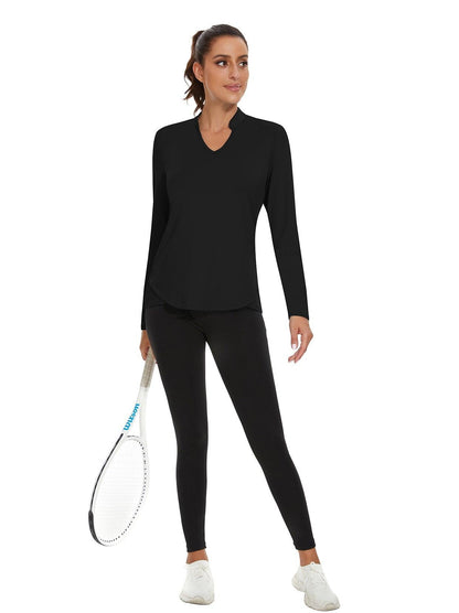 Solid Black Stand V-Collar Long-sleeve Golf Polo for Women