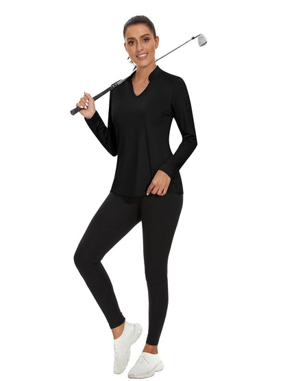 Solid Black Stand V-Collar Long-sleeve Golf Polo for Women