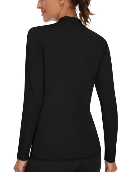 Solid Black Stand V-Collar Long-sleeve Golf Polo for Women