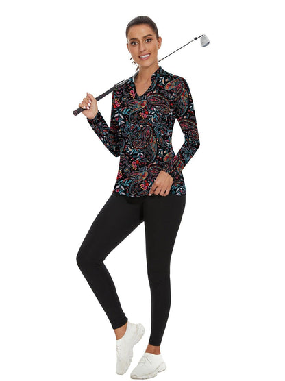 Black Paisley Stand V-Collar Long-sleeve Golf Polo for Women