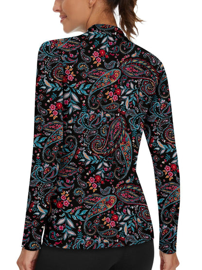 Black Paisley Stand V-Collar Long-sleeve Golf Polo for Women