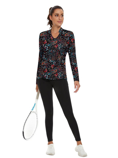 Black Paisley Stand V-Collar Long-sleeve Golf Polo for Women