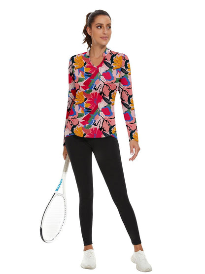 Colorful Floral Prints Stand V-Collar Long-sleeve Golf Polo for Women