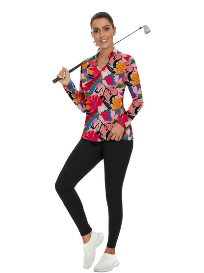 Colorful Floral Prints Stand V-Collar Long-sleeve Golf Polo for Women