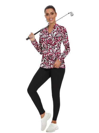 Red Baroque Prints Stand V-Collar Long-sleeve Golf Polo for Women