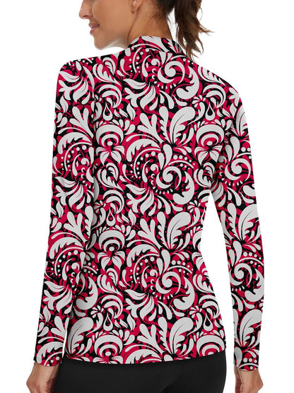 Red Baroque Prints Stand V-Collar Long-sleeve Golf Polo for Women