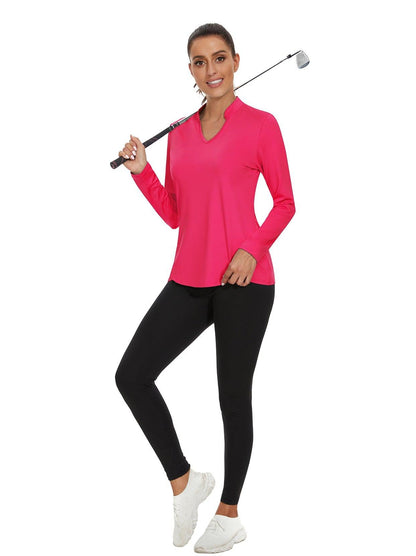 Ladies Long Sleeve Golf Polo- ⛳️SO® Hot Pink Stand V-Collar Moisture Wicking Quick Dry Athletic Workout Striped Tops