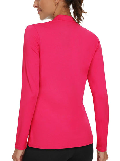 Ladies Long Sleeve Golf Polo- ⛳️SO® Hot Pink Stand V-Collar Moisture Wicking Quick Dry Athletic Workout Striped Tops