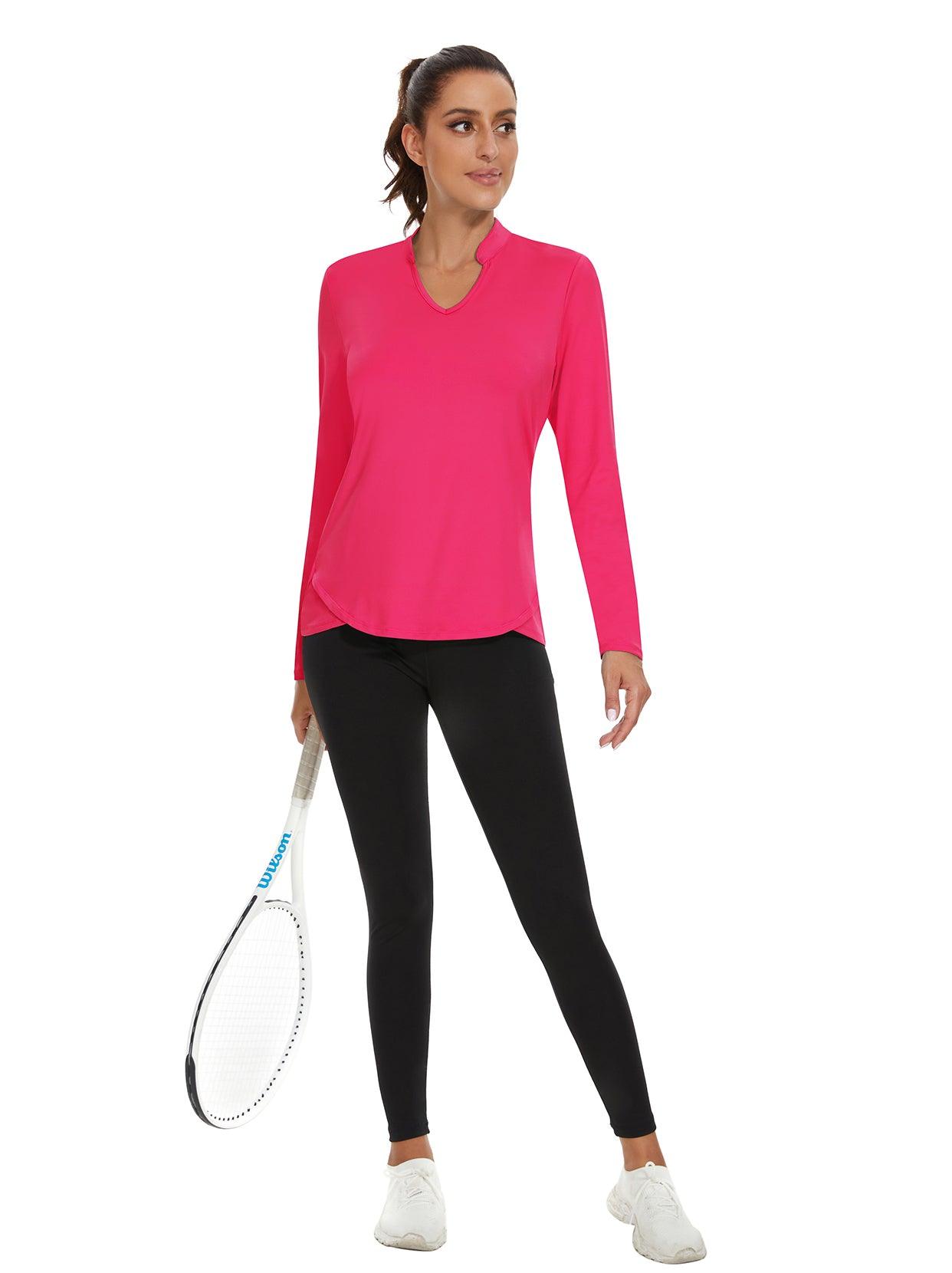 Ladies Long Sleeve Golf Polo- ⛳️SO® Hot Pink Stand V-Collar Moisture Wicking Quick Dry Athletic Workout Striped Tops