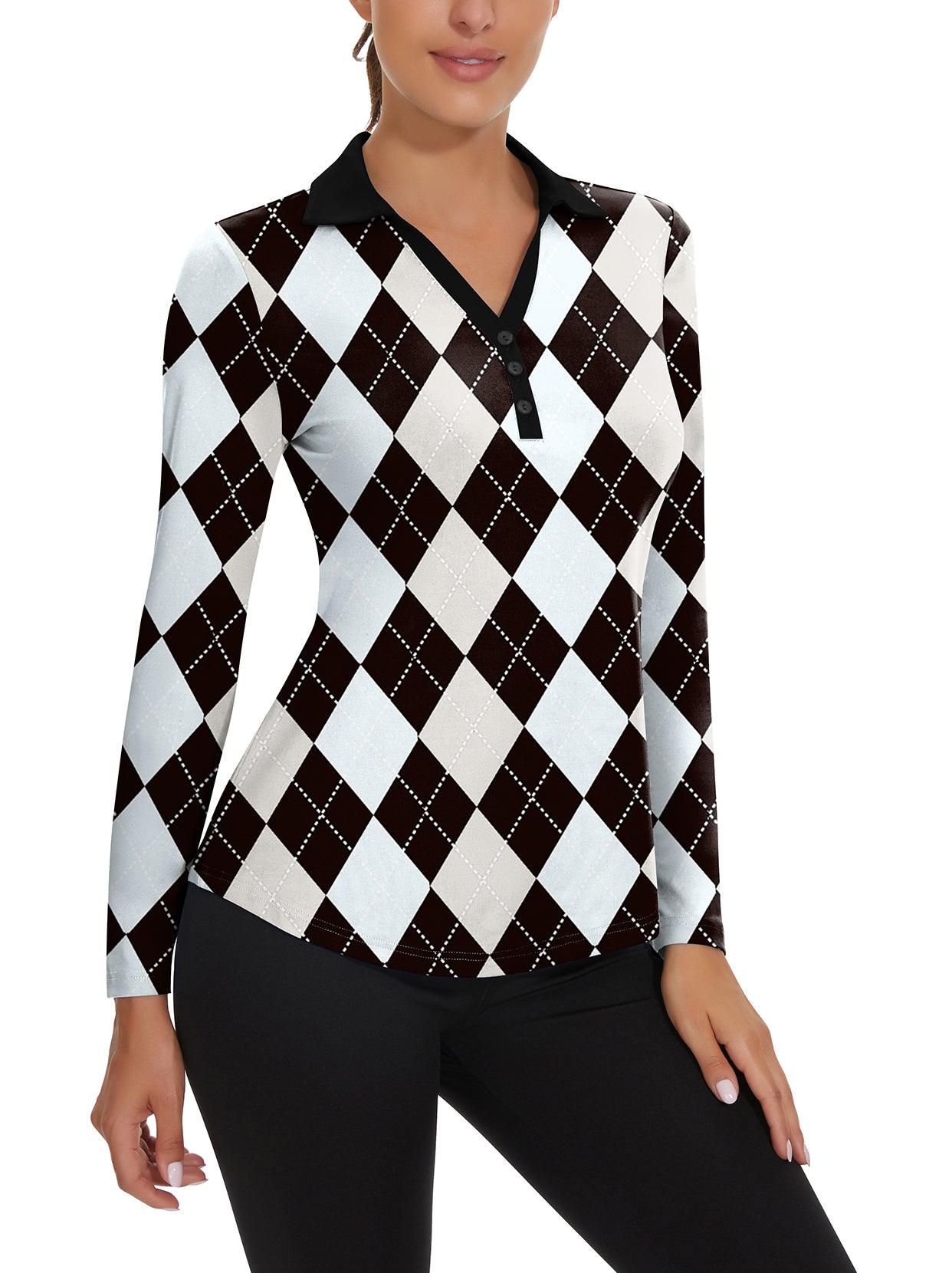 Ladies Long Sleeve Golf Polo- ⛳️SO® Grey and Black Checkboard Golf Polo Shirts Three Quarters Long Sleeve V Neck Button Down Shirts Business Causal Work Blouses Tops