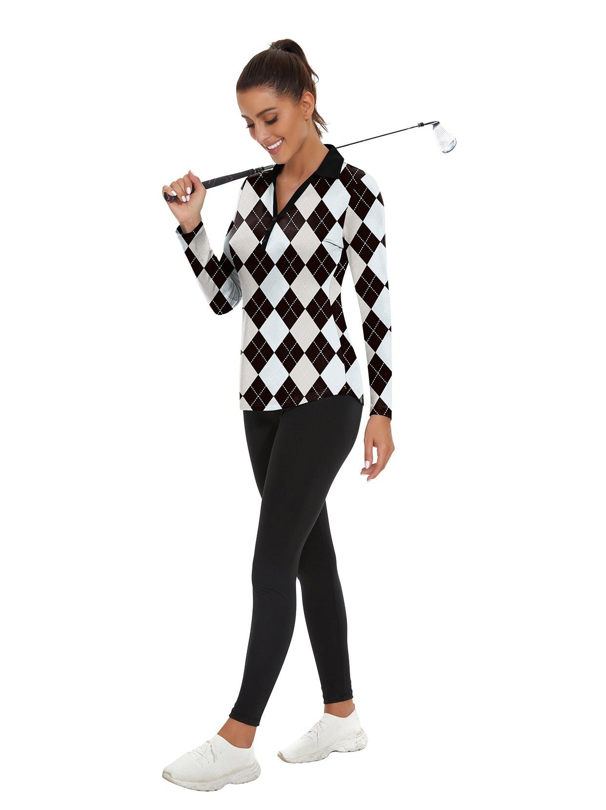 Ladies Long Sleeve Golf Polo- ⛳️SO® Grey and Black Checkboard Golf Polo Shirts Three Quarters Long Sleeve V Neck Button Down Shirts Business Causal Work Blouses Tops