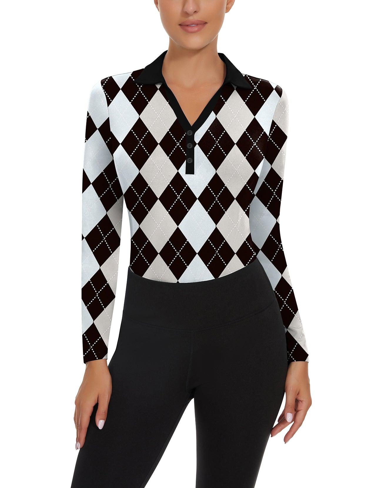 Ladies Long Sleeve Golf Polo- ⛳️SO® Grey and Black Checkboard Golf Polo Shirts Three Quarters Long Sleeve V Neck Button Down Shirts Business Causal Work Blouses Tops