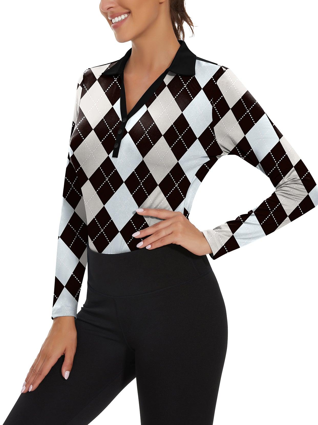 Ladies Long Sleeve Golf Polo- ⛳️SO® Grey and Black Checkboard Golf Polo Shirts Three Quarters Long Sleeve V Neck Button Down Shirts Business Causal Work Blouses Tops