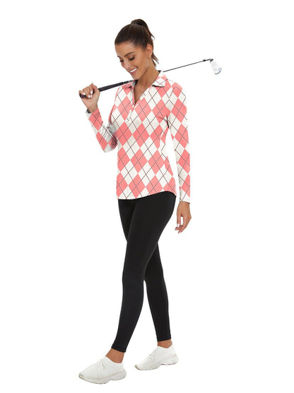 Ladies Long Sleeve Golf Polo- ⛳️SO® White and Pink Checkboard Golf Polo Shirts 3/4 Long Sleeve V Neck Shirts Business Causal Work Blouses Tops