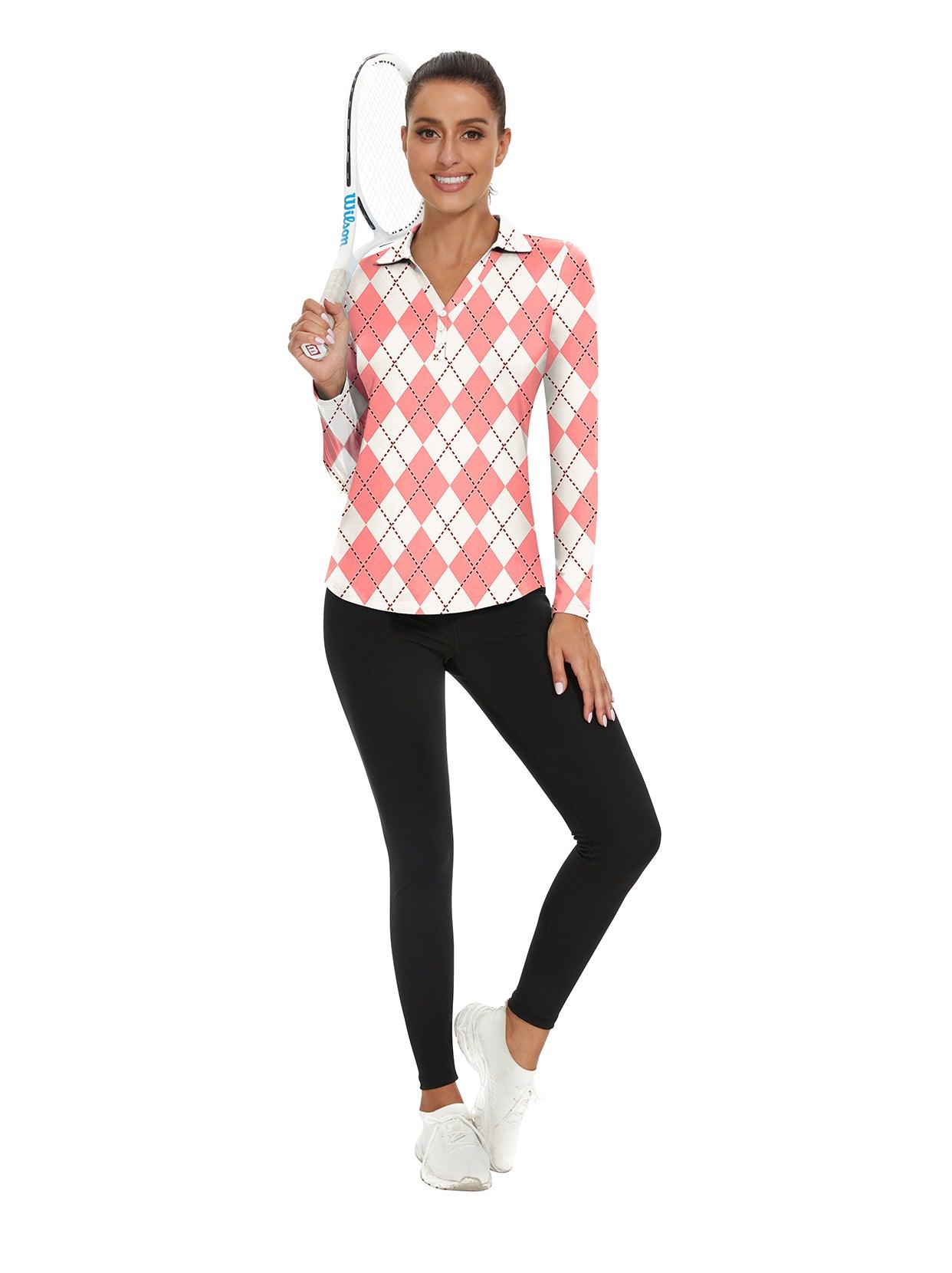 Ladies Long Sleeve Golf Polo- ⛳️SO® White and Pink Checkboard Golf Polo Shirts 3/4 Long Sleeve V Neck Shirts Business Causal Work Blouses Tops