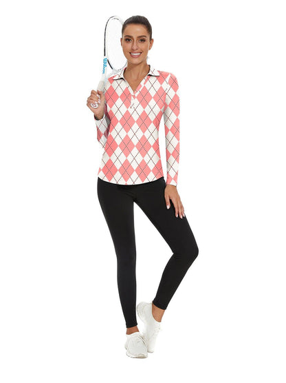 Ladies Long Sleeve Golf Polo- ⛳️SO® White and Pink Checkboard Golf Polo Shirts 3/4 Long Sleeve V Neck Shirts Business Causal Work Blouses Tops