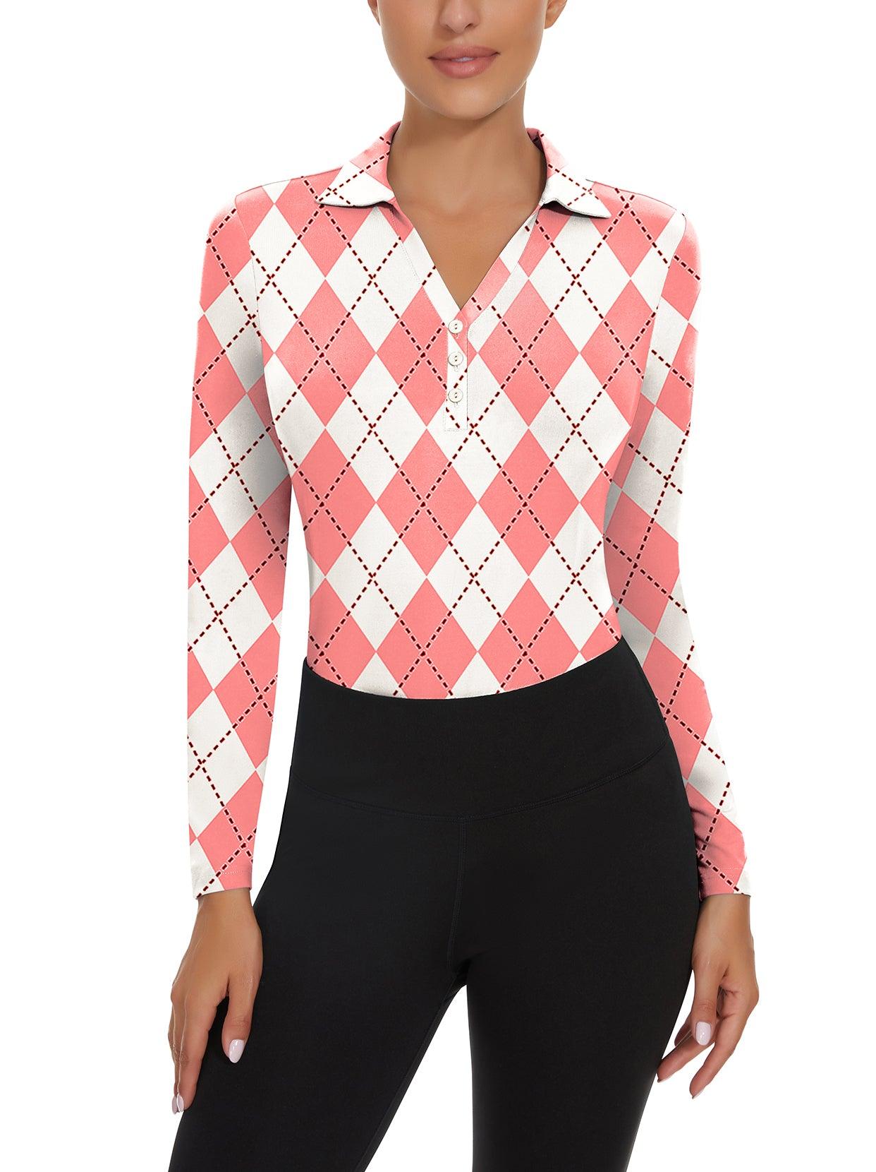 Ladies Long Sleeve Golf Polo- ⛳️SO® White and Pink Checkboard Golf Polo Shirts 3/4 Long Sleeve V Neck Shirts Business Causal Work Blouses Tops