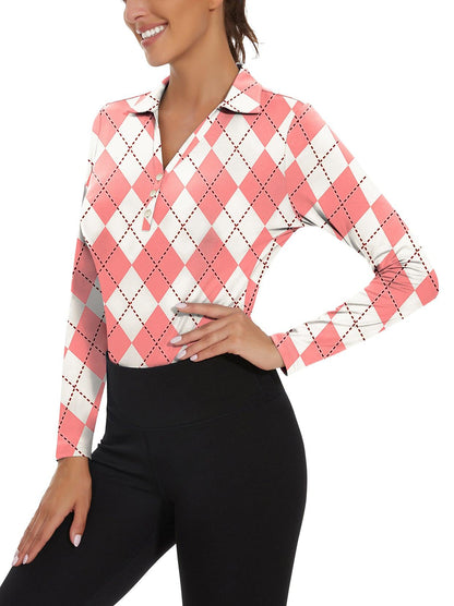 Ladies Long Sleeve Golf Polo- ⛳️SO® White and Pink Checkboard Golf Polo Shirts 3/4 Long Sleeve V Neck Shirts Business Causal Work Blouses Tops