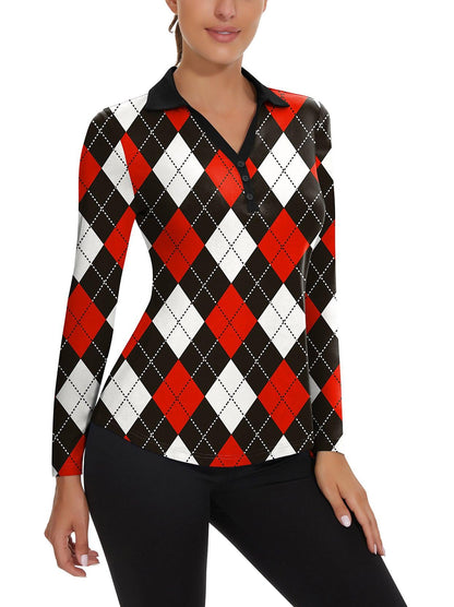 Ladies Long Sleeve Golf Polo- ⛳️SO® Red and Black Checkboard Golf Polo Shirts Three Quarters Long Sleeve V Neck Shirts Business Causal Work Blouses Tops