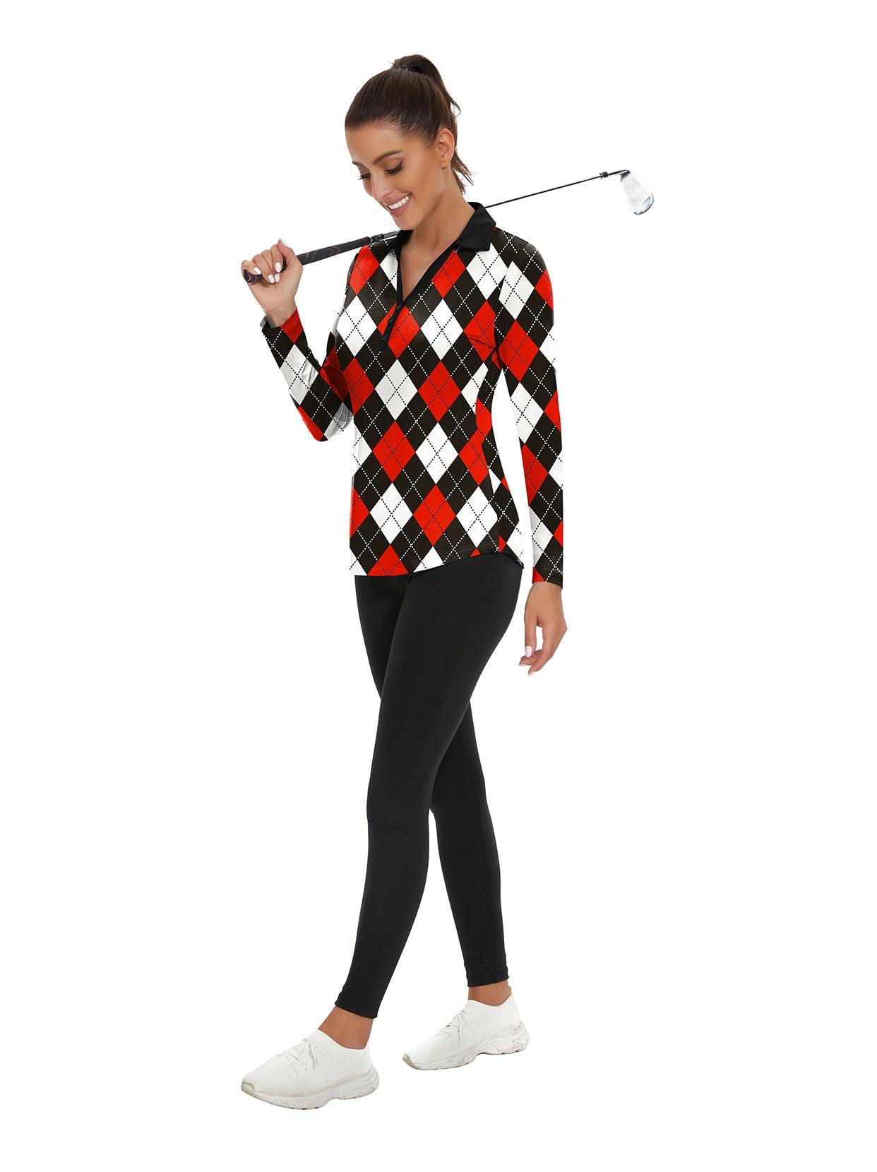 Ladies Long Sleeve Golf Polo- ⛳️SO® Red and Black Checkboard Golf Polo Shirts Three Quarters Long Sleeve V Neck Shirts Business Causal Work Blouses Tops