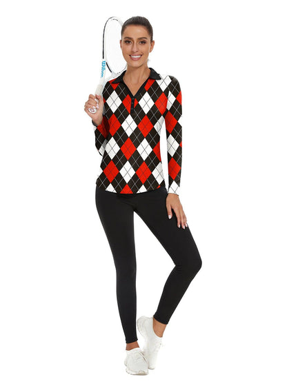 Ladies Long Sleeve Golf Polo- ⛳️SO® Red and Black Checkboard Golf Polo Shirts Three Quarters Long Sleeve V Neck Shirts Business Causal Work Blouses Tops