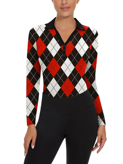 Ladies Long Sleeve Golf Polo- ⛳️SO® Red and Black Checkboard Golf Polo Shirts Three Quarters Long Sleeve V Neck Shirts Business Causal Work Blouses Tops