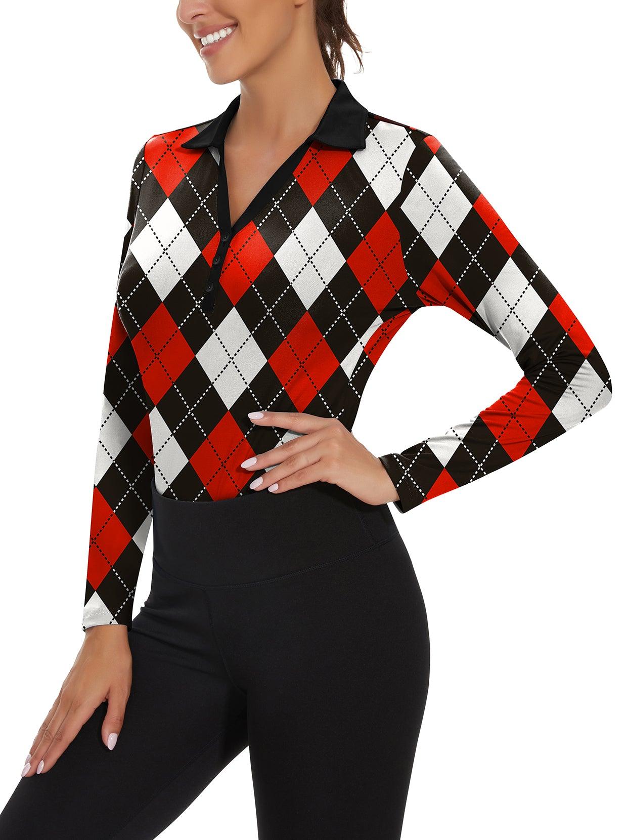 Ladies Long Sleeve Golf Polo- ⛳️SO® Red and Black Checkboard Golf Polo Shirts Three Quarters Long Sleeve V Neck Shirts Business Causal Work Blouses Tops