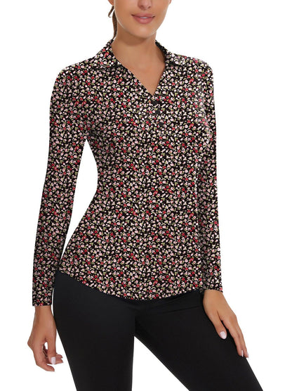 Ladies Long Sleeve Golf Polo- ⛳️SO® Black Background Floral Fragments Golf Polo Shirts Three Quarters Long Sleeve V Neck Shirts Business Causal Work Blouses Tops