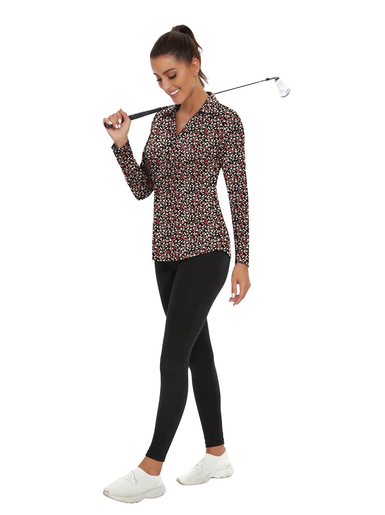 Ladies Long Sleeve Golf Polo- ⛳️SO® Black Background Floral Fragments Golf Polo Shirts Three Quarters Long Sleeve V Neck Shirts Business Causal Work Blouses Tops