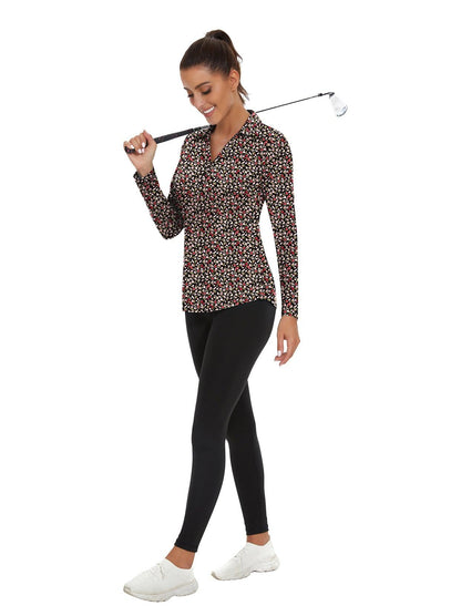 Ladies Long Sleeve Golf Polo- ⛳️SO® Black Background Floral Fragments Golf Polo Shirts Three Quarters Long Sleeve V Neck Shirts Business Causal Work Blouses Tops