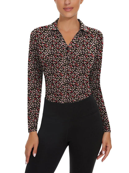 Ladies Long Sleeve Golf Polo- ⛳️SO® Black Background Floral Fragments Golf Polo Shirts Three Quarters Long Sleeve V Neck Shirts Business Causal Work Blouses Tops