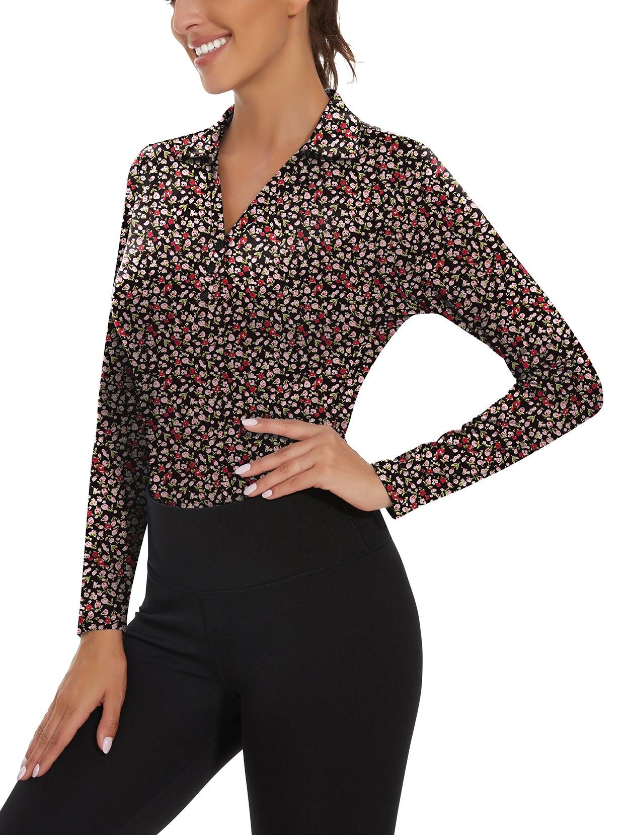 Ladies Long Sleeve Golf Polo- ⛳️SO® Black Background Floral Fragments Golf Polo Shirts Three Quarters Long Sleeve V Neck Shirts Business Causal Work Blouses Tops