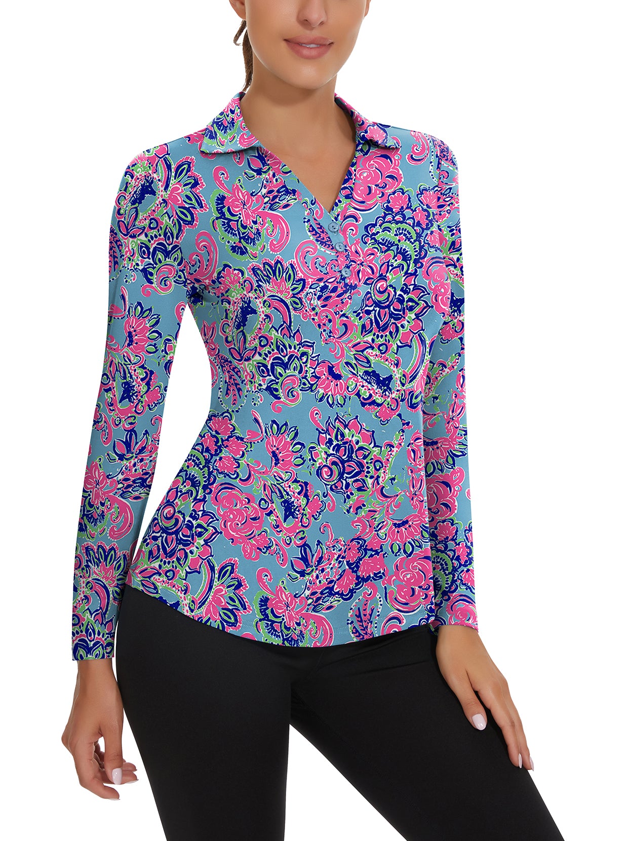 Ladies Long Sleeve Golf Polo- ⛳️SO® Purple Retro Print Golf Polo Shirts Three Quarters Long Sleeve V Neck Button Down Shirts Business Causal Work Blouses Tops